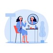 Cartoon lady in front of mirror washing face skin flat vector illustration. Young girl doing morning routine procedures for beauty. Skincare concept