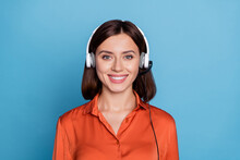 Portrait Of Attractive Cheerful Girl Help Desk Operator Answering Calls Isolated Over Bright Blue Color Background