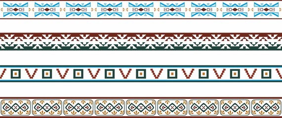 Vector set of seamless colored border ornaments. Native American tribal framework.