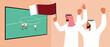Arab football fans from Qatar, Flat vector stock illustration with people with national flags in front of TV