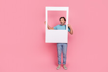 Full Body Portrait Of Puzzled Person Hold Paper Album Set Card Isolated On Pink Color Background