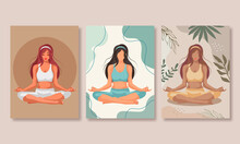Three posters of a faceless girl in a lotus position in different colors. Fitness center poster. Faceless girls. Meditation Girls. Girls doing yoga