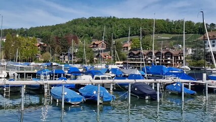 Sticker - Romantic  lake Thun and the Spiez village with its famous medieval castle and old town  in Canton Bern in Switzerland