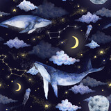 Fototapeta Dziecięca - Watercolor whales, clouds, moon, stars, space, seamless pattern. Watercolor sea animals illustrations. Background print, wear design, baby shower, kids cards, linens, wallpaper, textile.