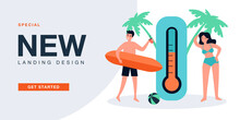 Tiny People In Beachwear Standing Near Thermometer. Cartoon Smiling Couple In Swimsuits Having Rest By Seaside Flat Vector Illustration. Summer Concept For Banner, Website Design Or Landing Web Page