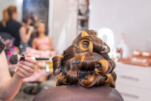 Bride's Hair Styled With Bobby Pins In The Beauty Salon Before The Wedding