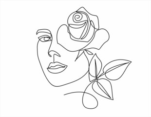 Woman face continuous one line vector drawing. Style templates with abstract female face and rose. Modern minimalist simple linear style. Beauty fashion design