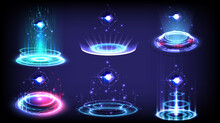 Sci-fi High-technology Stage Collection In Glowing HUD. Magic Warp Gate In Game Fantasy. Circle Teleport Podium. Rays, GUI, UI Virtual Reality Users. Hologram Portal Swirl Light. Product Showing