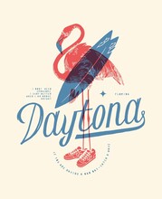 Daytona  Beach Flamingo Surfing Vintage Typography Silkscreen T-shirt Print Vector Illustration.