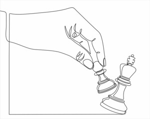 continuous line drawing of hands holding the figure of a chess piece and knocking out the queen. Strategy business concept and checkmate game. vector illustration