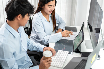 Poster - Investor business team working with computer, tablet and analyzing graph stock market trading planning with chart data financial investment planning