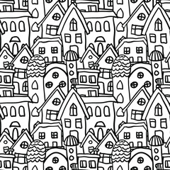  Seamless outline city pattern. Endless little town. Building silhouette.