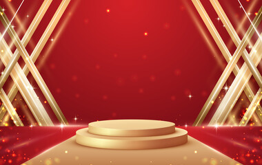 Poster - Gold product display podium with golden curve line and glitter light effect.