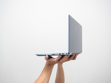 Side View Hand Holding Laptop Isolated White