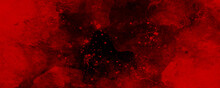 Red Watercolor Ombre Leaks And Splashes Texture On Red Watercolor Paper Background, Watercolor Dark Red Black Nebula Universe. Watercolor Hand Drawn Illustration. Red Watercolor Ombre Leaks.