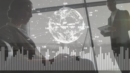 Poster - Animation of data processing and globe over caucasian business people using tablet