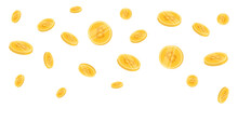 Bitcoin Coins Flying On A White Background. Bitcoin Cryptocurrency Concept Banner.