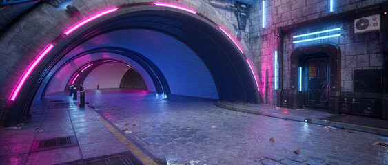 Aufkleber - Tunnel under buildings in a futuristic cyberpunk concept downtown city street at night with neon lights. 3D illustration.