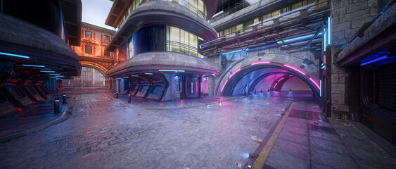 Aufkleber - Futuristic cyberpunk city street corner in the evening with neon lights. Photo realistic 3D illustration.