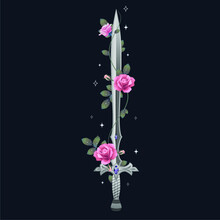 Vector Illustration With Rose Flowers And Elven Sword. Beautiful Tattoo Style Vector Illustration.
