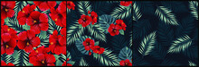 Tropical Set With Red Hibiscus. Exotic Jungle Wallpaper. Design For Paper, Cover, Fabric, Interior Decor And Other Users.