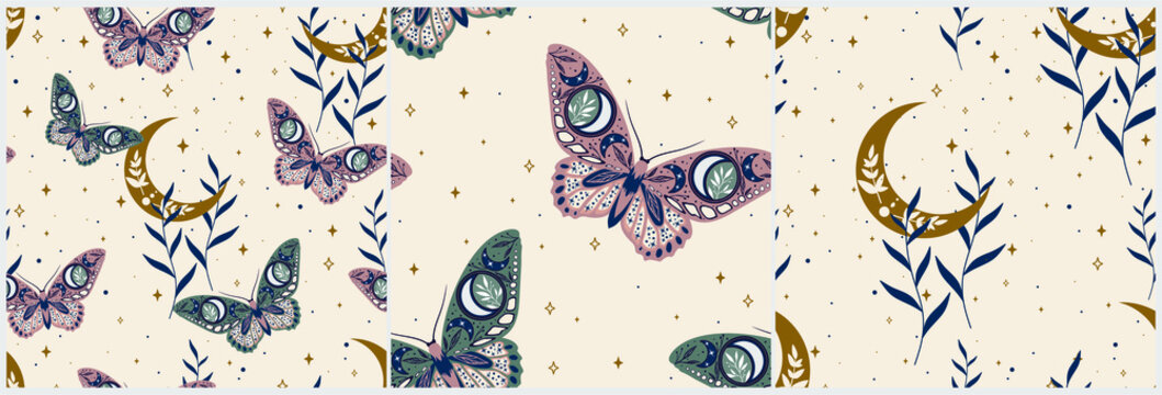 Set of seamless patterns with boho butterflies. Vector graphics. Contemporary composition. Trendy texture for print, textile, packaging.