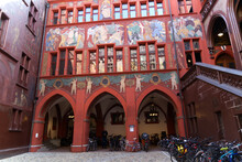 Red City Hall At The Medieval Old Town Of City Of Basel On A Blue Cloudy Spring Day. Photo Taken April 27th, 2022, Basel, Switzerland.