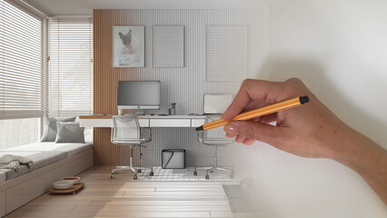 Aufkleber - Architect interior designer concept: hand drawing a design interior project while the space becomes real, pet friendly home office with desk, chairs and accessories