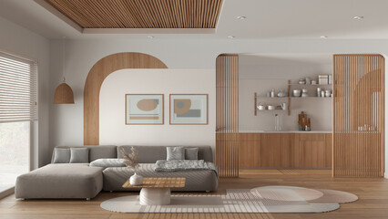 Wall Mural - Modern wooden kitchen and living room in white tones, velvet sofa with carpet and side table, sliding door, shelves. Big window with blinds, parquet and cane ceiling. Interior design
