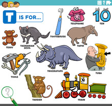 Letter T Words Educational Set With Cartoon Characters