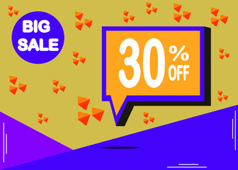 Sale banner template design with 30% off. Poster for great offer in orange and purple.