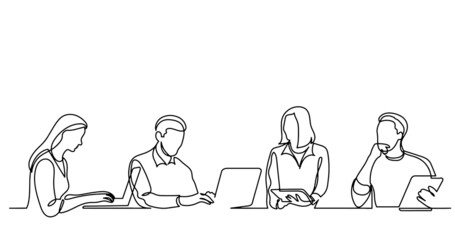 Poster - vector illustration of continuous line drawing of office workers at business meeting solving work ta