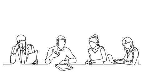 vector illustration of continuous line drawing of office workers at business meeting solving work tasks