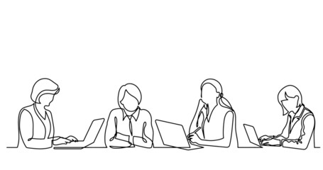 Poster - vector illustration of continuous line drawing of office workers at business meeting solving work ta