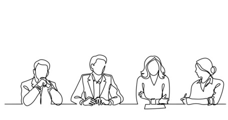 Poster - vector illustration of continuous line drawing of office workers at business meeting solving work ta