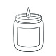 A burning candle in a jar. Doodle sketch style. Line drawing simple wax candle with empty label. Isolated vector illustration.
