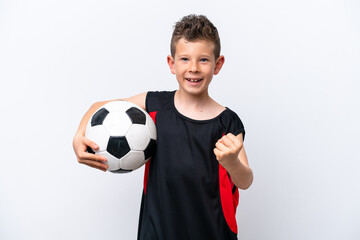 Wall Mural - Little caucasian boy isolated on white background with soccer ball celebrating a victory