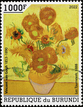 Pot Of Sunflowers Painted By Van Gogh On Postage Stamp
