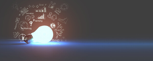 light bulb 3d grow up on innovation doodle drawing icons of business strategy on banner background.