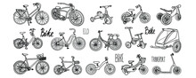Bicycle Doodle Set With Kid, Male, Female Bike. Eco Transport Collection