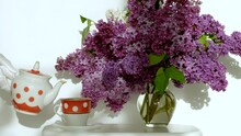 Tea Being Poured Into Tea Cup. Unrecognizable Person Pouring Hot Black Tea In Cup In Morning, Vase With A Lilac Flowers Near On Table. Breakfast Concept. White Background, Close Up, Slow Motion