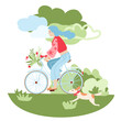 Happy girl with a dog rides a bike. Flat illustration of outdoor cycling.