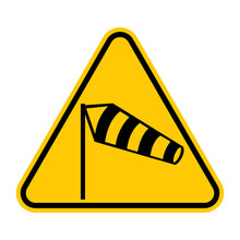Crosswind Warning Sign. Vector Illustration Of Yellow Triangle Sign With Windsock Icon Inside. Risk Of Strong Side Wind. Safety Sign. Caution Symbol With Wind Cone Icon.