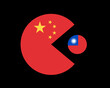 Small Taiwan is seized and captured by large China - Chinese occupation, annexation of country and nation. Vector illustration isolated on black.