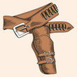 Cowboy belt and empty revolver holster isolated on a beige background.