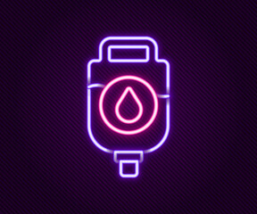 Sticker - Glowing neon line IV bag icon isolated on black background. Blood bag. Donate blood concept. The concept of treatment and therapy, chemotherapy. Colorful outline concept. Vector