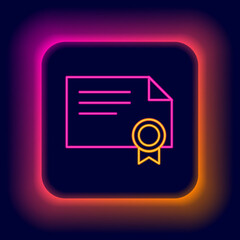 Sticker - Glowing neon line Certificate template icon isolated on black background. Achievement, award, degree, grant, diploma concepts. Colorful outline concept. Vector