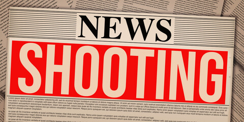 Shooting News is on the newspaper vintage style, red breaking news box with typography. Shooting incident news backdrop