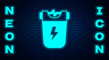 Wall Mural - Glowing neon Police electric shocker icon isolated on brick wall background. Shocker for protection. Taser is an electric weapon. Vector