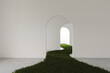 3D render empty white room with arch door and with a grass path, wall design and concrete floor, abstract minimalist corridor with lawn